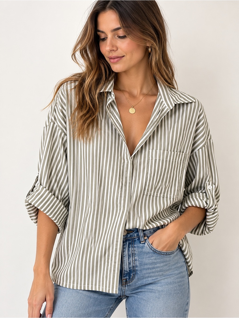Max Studio London Striped Roll Tab Sleeve Blouse Size S